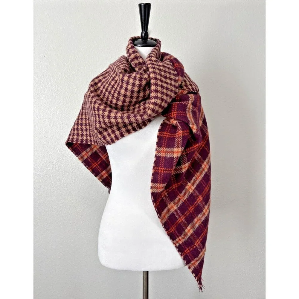 LOFT NWT Women’s Plaid Blanket Infinity Scarf Orange Brown Fall Winter Wrap